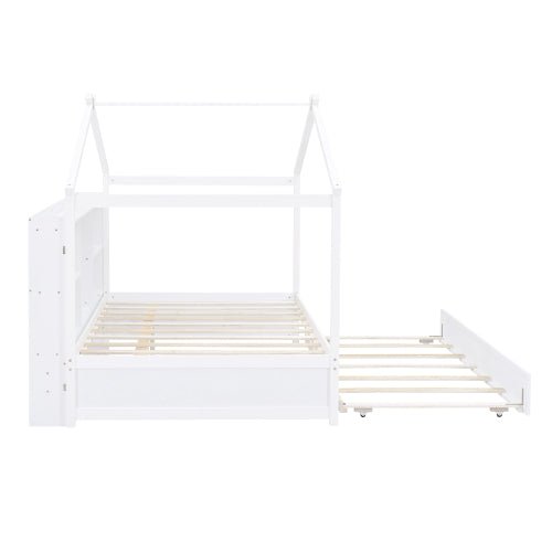 Bellemave Full Size House Bed with Storage Shelves and Twin Size Trundle - Bellemave