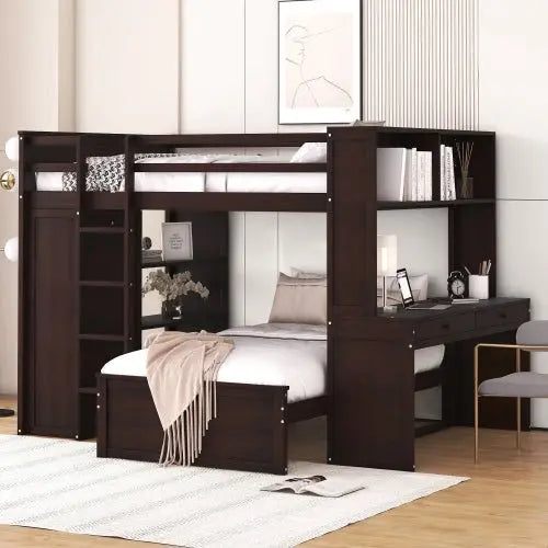 Bellemave Full size Loft Bed with a twin size Stand-alone bed, Shelves,Desk,and Wardrobe - Bellemave