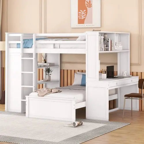 Bellemave Full size Loft Bed with a twin size Stand-alone bed, Shelves,Desk,and Wardrobe - Bellemave