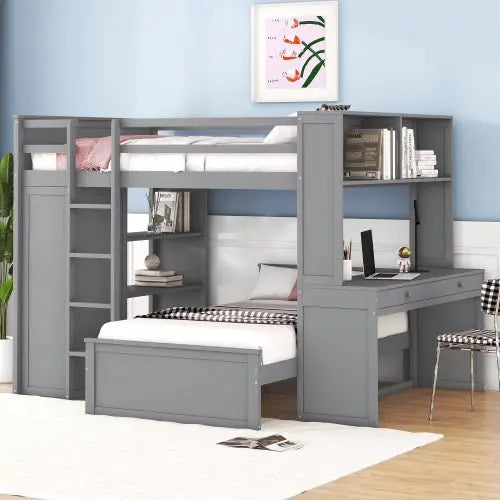 Bellemave Full size Loft Bed with a twin size Stand-alone bed, Shelves,Desk,and Wardrobe - Bellemave