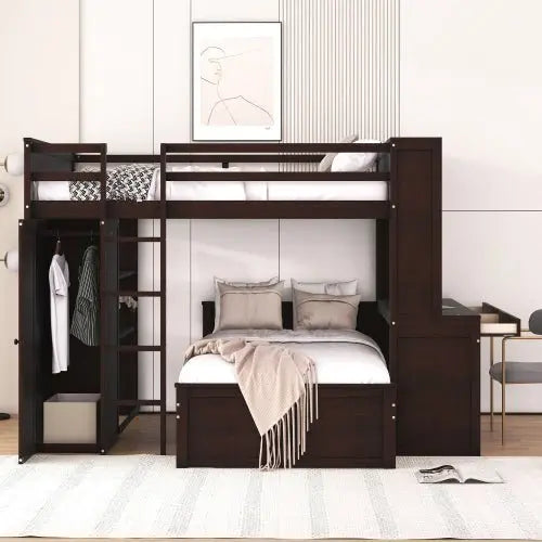 Bellemave Full size Loft Bed with a twin size Stand-alone bed, Shelves,Desk,and Wardrobe - Bellemave