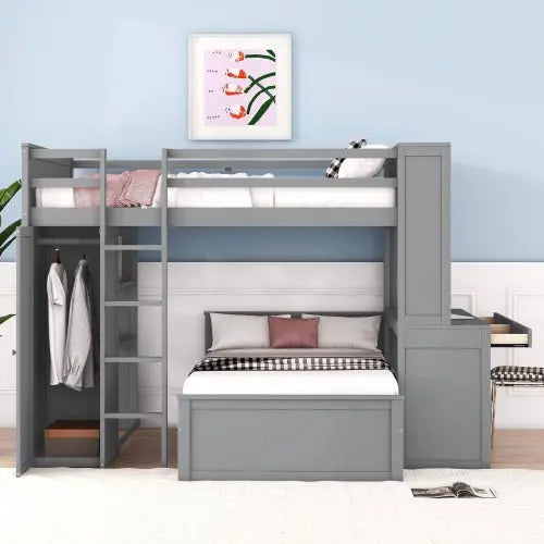 Bellemave Full size Loft Bed with a twin size Stand-alone bed, Shelves,Desk,and Wardrobe - Bellemave