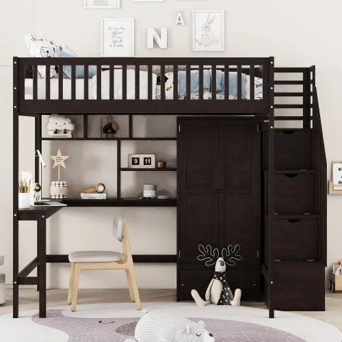 Bellemave Full-Size Loft Bed with Bookshelf,Drawers,Desk,and Wardrobe - Bellemave