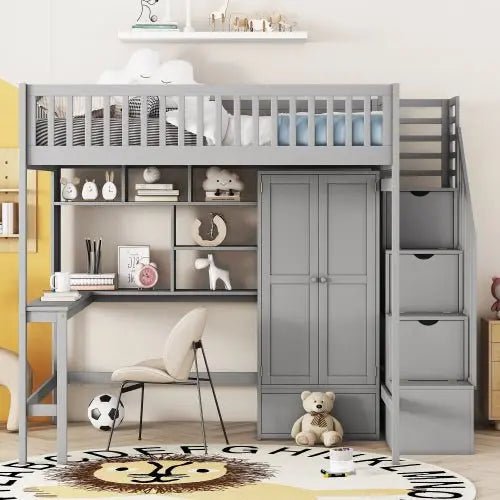Bellemave® Full Size Loft Bed with Bookshelf,Drawers,Desk,and Wardrobe - Bellemave