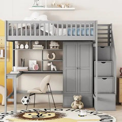 Bellemave® Full Size Loft Bed with Bookshelf,Drawers,Desk,and Wardrobe - Bellemave