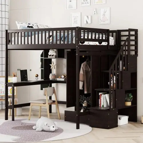 Bellemave Full-Size Loft Bed with Bookshelf,Drawers,Desk,and Wardrobe - Bellemave