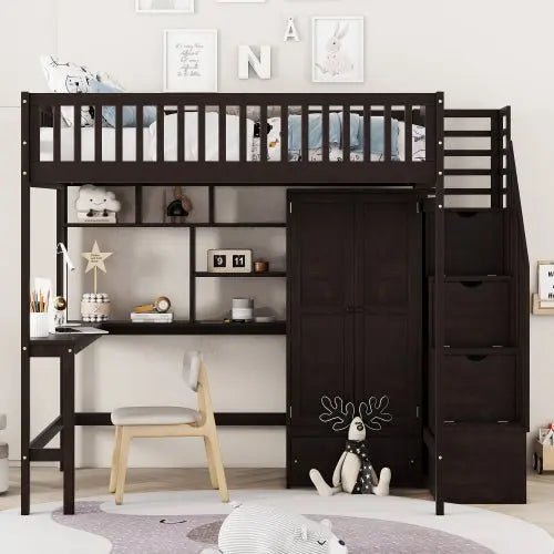 Bellemave® Full Size Loft Bed with Bookshelf,Drawers,Desk,and Wardrobe - Bellemave