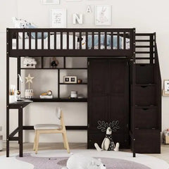 Bellemave® Full Size Loft Bed with Bookshelf,Drawers,Desk,and Wardrobe - Bellemave