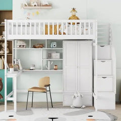 Bellemave® Full Size Loft Bed with Bookshelf,Drawers,Desk,and Wardrobe - Bellemave