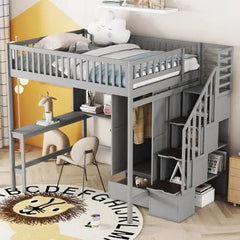 Bellemave® Full Size Loft Bed with Bookshelf,Drawers,Desk,and Wardrobe - Bellemave