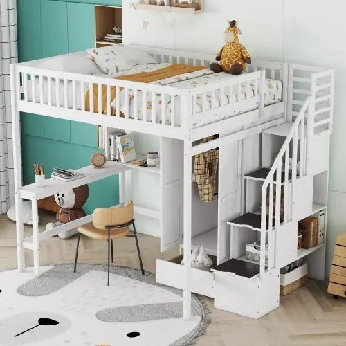 Bellemave® Full Size Loft Bed with Bookshelf,Drawers,Desk,and Wardrobe - Bellemave