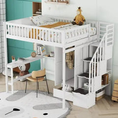 Bellemave® Full Size Loft Bed with Bookshelf,Drawers,Desk,and Wardrobe - Bellemave