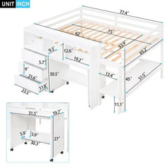 Bellemave Full Size Low Loft Bed with Rolling Portable Desk, Drawers and Shelves - Bellemave