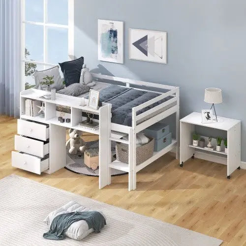 Full size low loft store bed with storage