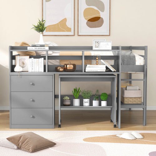 Bellemave Full Size Low Loft Bed with Rolling Portable Desk, Drawers and Shelves - Bellemave