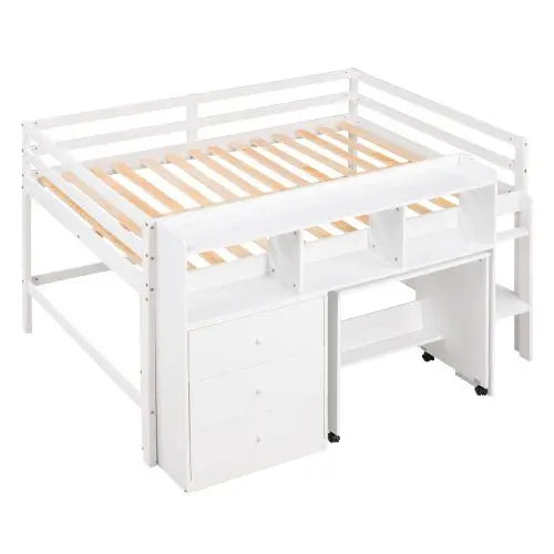 Bellemave Full Size Low Loft Bed with Rolling Portable Desk, Drawers and Shelves - Bellemave