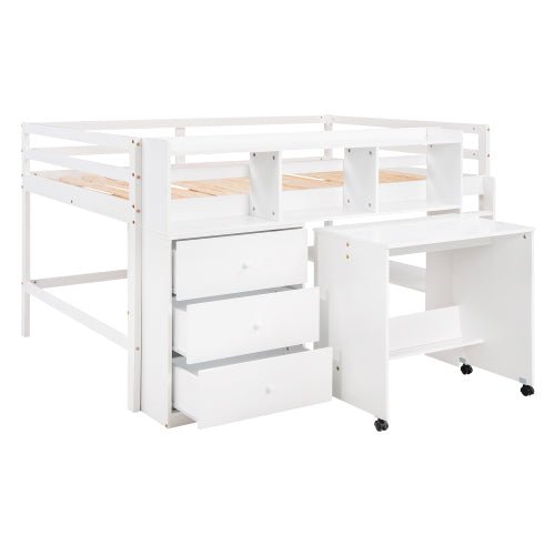 Bellemave Full Size Low Loft Bed with Rolling Portable Desk, Drawers and Shelves - Bellemave