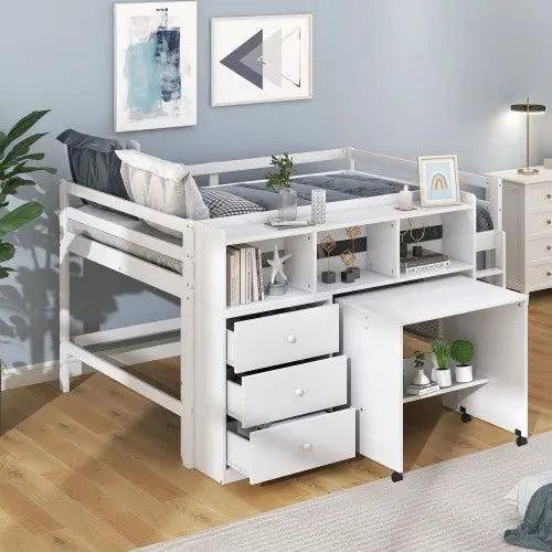 Bellemave Full Size Low Loft Bed with Rolling Portable Desk, Drawers and Shelves - Bellemave