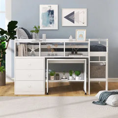 Bellemave Full Size Low Loft Bed with Rolling Portable Desk, Drawers and Shelves - Bellemave