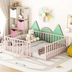 Bellemave® Full Size Metal Floor Bed with Fence and Door - Bellemave