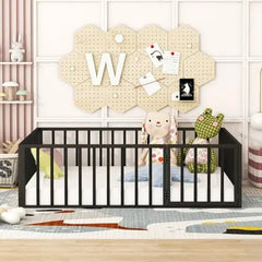 Bellemave® Full Size Metal Floor Bed with Fence and Door - Bellemave