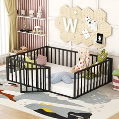 Bellemave® Full Size Metal Floor Bed with Fence and Door - Bellemave