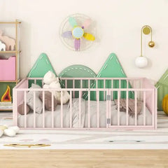 Bellemave® Full Size Metal Floor Bed with Fence and Door - Bellemave