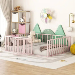 Bellemave® Full Size Metal Floor Bed with Fence and Door - Bellemave