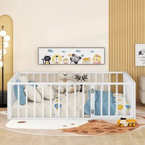 Bellemave® Full Size Metal Floor Bed with Fence and Door - Bellemave