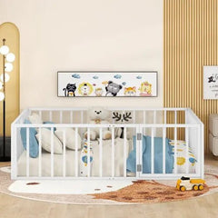 Bellemave® Full Size Metal Floor Bed with Fence and Door - Bellemave