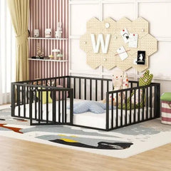 Bellemave® Full Size Metal Floor Bed with Fence and Door - Bellemave
