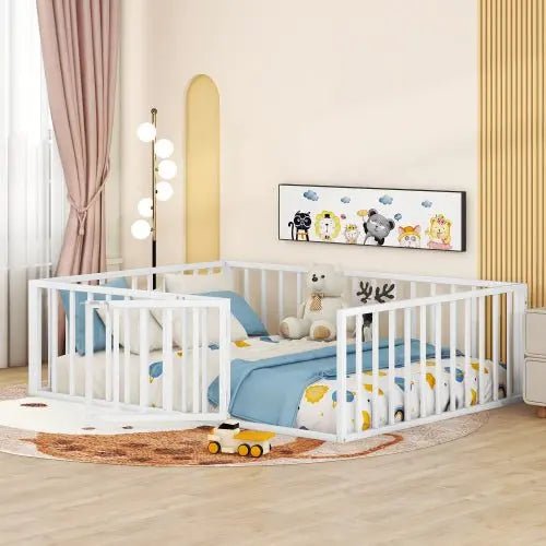 Bellemave® Full Size Metal Floor Bed with Fence and Door - Bellemave