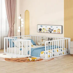 Bellemave® Full Size Metal Floor Bed with Fence and Door - Bellemave