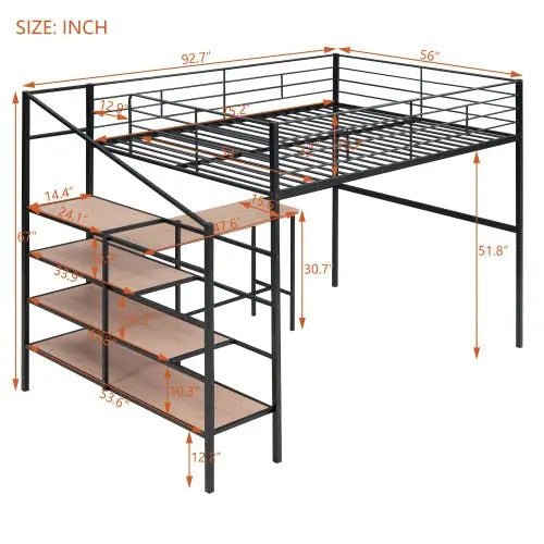 Bellemave® Full Size Metal Loft Bed with Desk and Lateral Storage Ladder - Bellemave