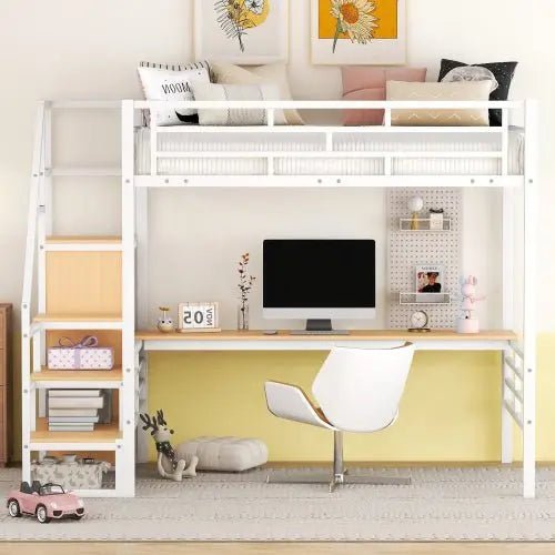 Bellemave® Full Size Metal Loft Bed with Desk, Storage Stairs and Small Wardrobe - Bellemave
