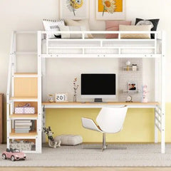 Bellemave® Full Size Metal Loft Bed with Desk, Storage Stairs and Small Wardrobe - Bellemave