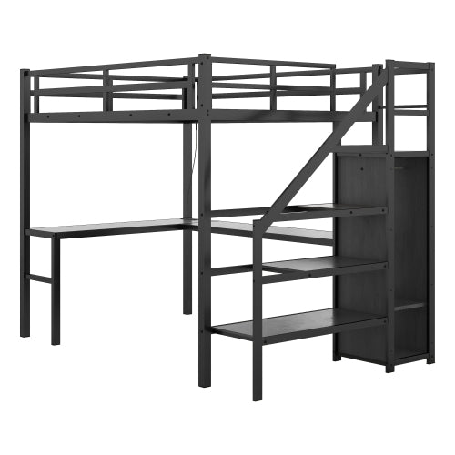 Bellemave Full Size Metal Loft Bed with L-shaped Desk and Wardrobe and Adjustable Shelf - Bellemave