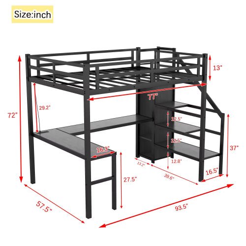 Bellemave Full Size Metal Loft Bed with L-shaped Desk and Wardrobe and Adjustable Shelf - Bellemave