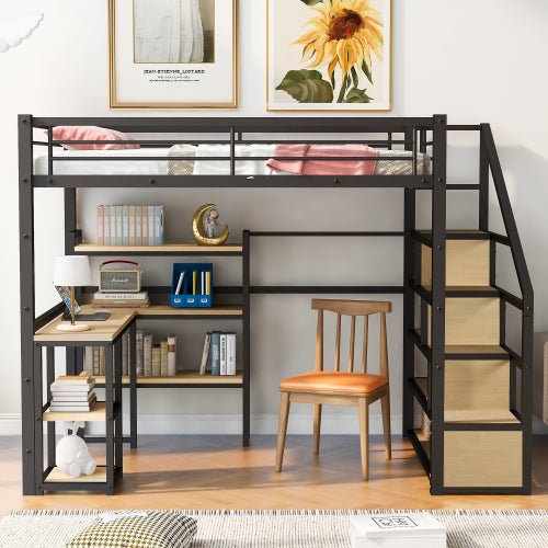 Bellemave Full Size Metal Loft bed with Staircase, Built-in Desk and Shelves, Black - Bellemave