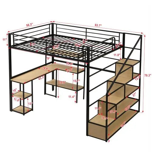 Bellemave Full Size Metal Loft bed with Staircase, Built-in Desk and Shelves, Black - Bellemave