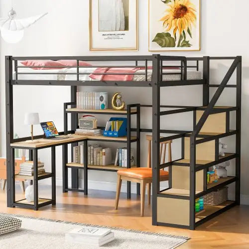 Bellemave Full Size Metal Loft bed with Staircase, Built-in Desk and Shelves, Black - Bellemave