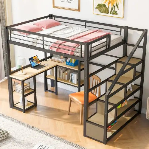 Bellemave Full Size Metal Loft bed with Staircase, Built-in Desk and Shelves, Black - Bellemave