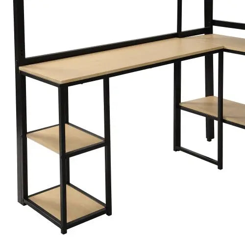 Bellemave Full Size Metal Loft bed with Staircase, Built-in Desk and Shelves, Black - Bellemave