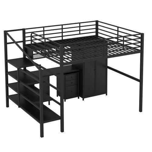 Bellemave Full size Metal Loft Bed With table set and wardrobe - Bellemave