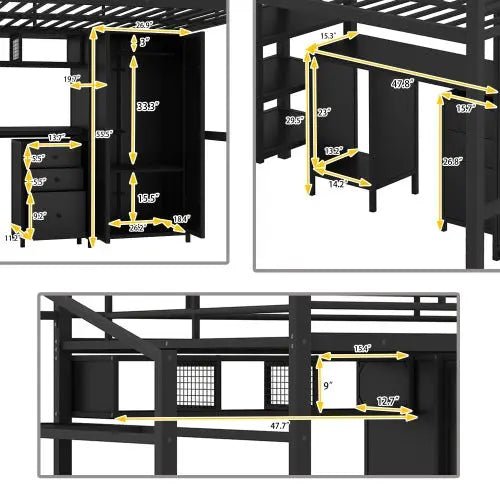 Bellemave® Full Size Metal Loft Bed with Table Set and Wardrobe - Bellemave