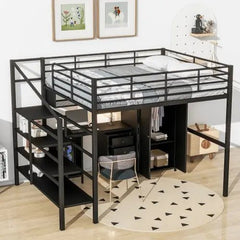 Bellemave® Full Size Metal Loft Bed with Table Set and Wardrobe - Bellemave