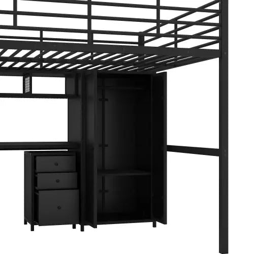 Bellemave® Full Size Metal Loft Bed with Table Set and Wardrobe - Bellemave