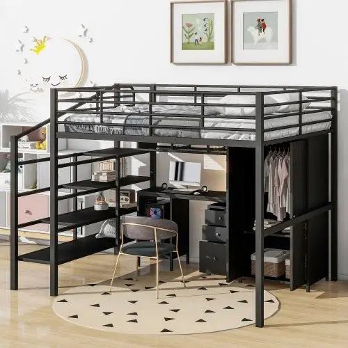 Bellemave Full size Metal Loft Bed With table set and wardrobe - Bellemave