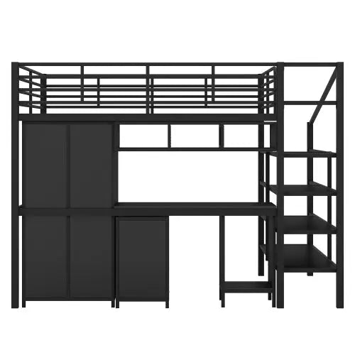 Bellemave Full size Metal Loft Bed With table set and wardrobe - Bellemave