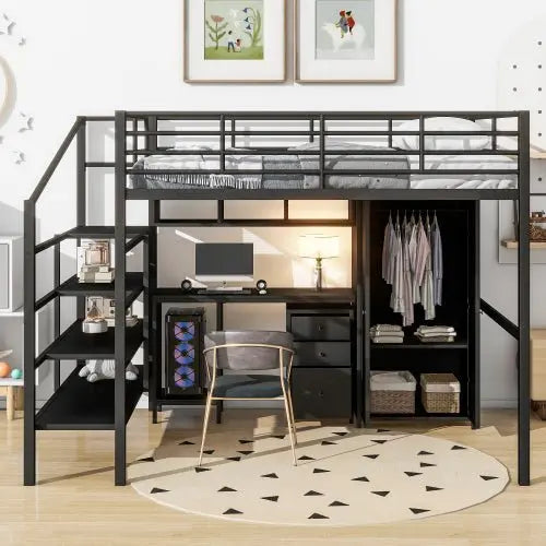 Bellemave Full size Metal Loft Bed With table set and wardrobe - Bellemave